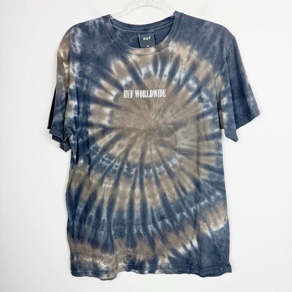 HUF WORLDWIDE | Dark Blue & Taupe Tie Dye Crewneck T-Shirt Men’s Size Medium - Picture 1 of 8